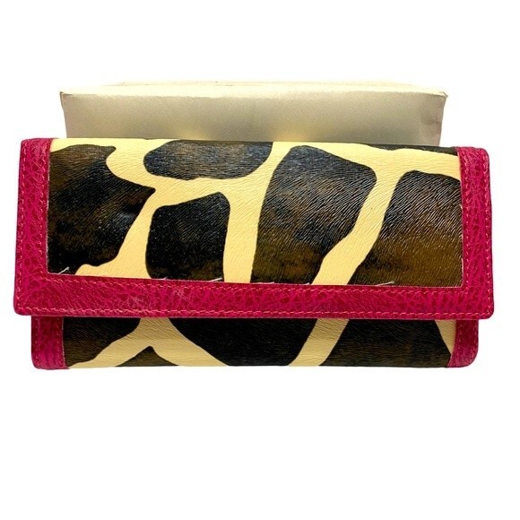 Faux Leather Cow Print with Fuchsia Trim  Wallet - Picture 1 of 11